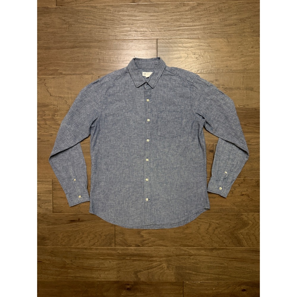 Gap Mens Medium Blue‎ Linen Cotton Blend Long Sleeve Button Down Shirt Std Fit